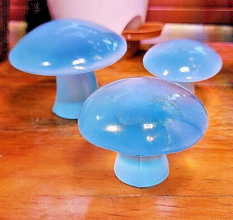 Viking Glass Mushroom Set Blue Opalescent Glass Mushrooms 3 Piece Set By Mosser Viking Glass Mushroom Set Blue Opalescent Glass Mushrooms 3 Piece Set By Mosser