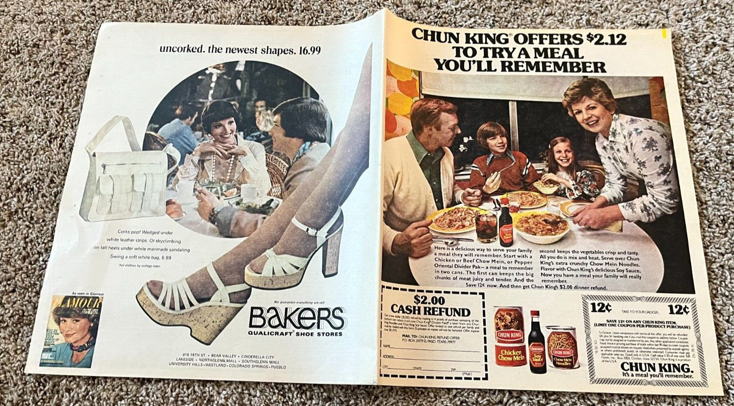 1975 Bakers Shoes Cork Sandals & Chun King Newspaper Print Ad