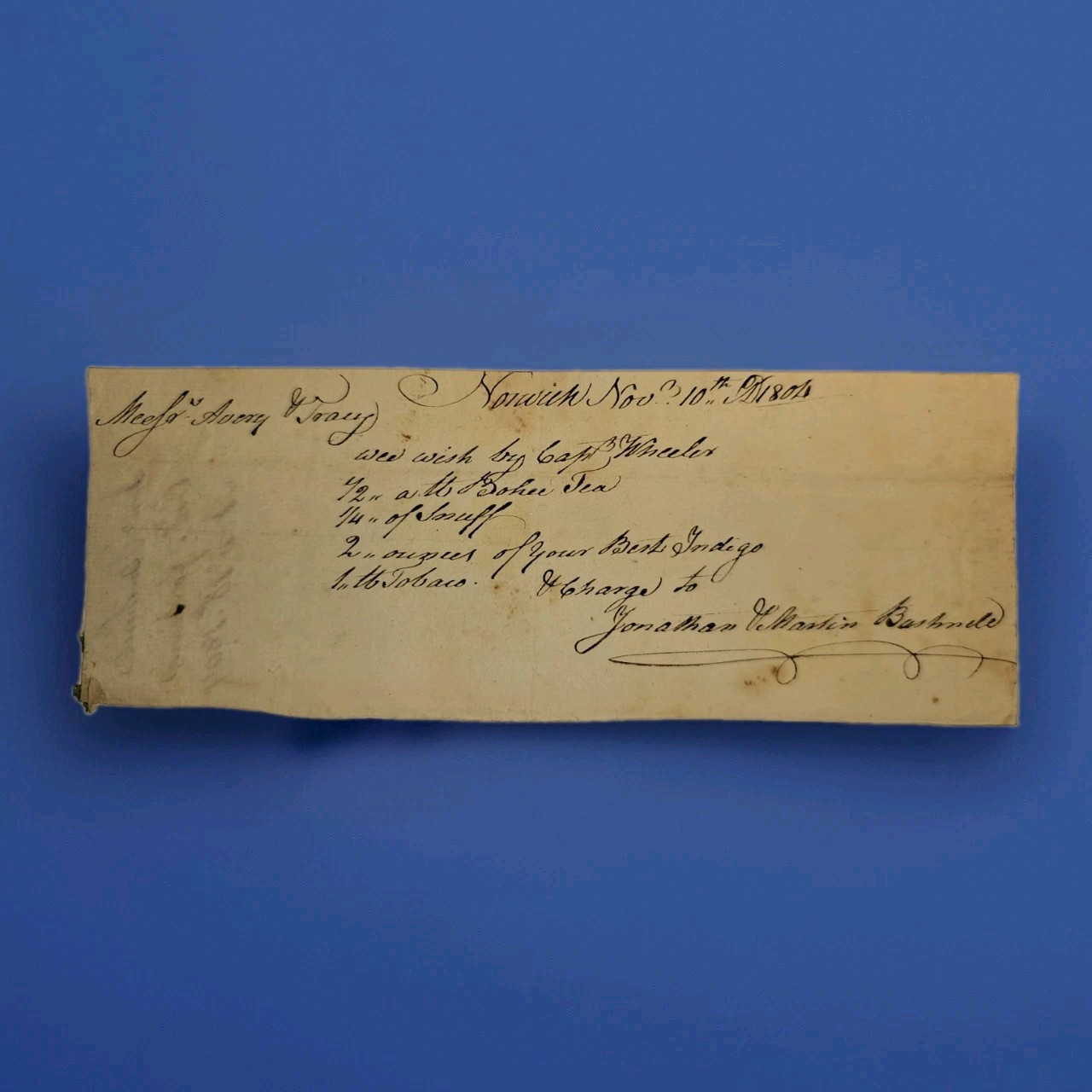 1804 Norwich CT Merchant Order Bohea Tea Indigo Avery & Tracy Bushnell...