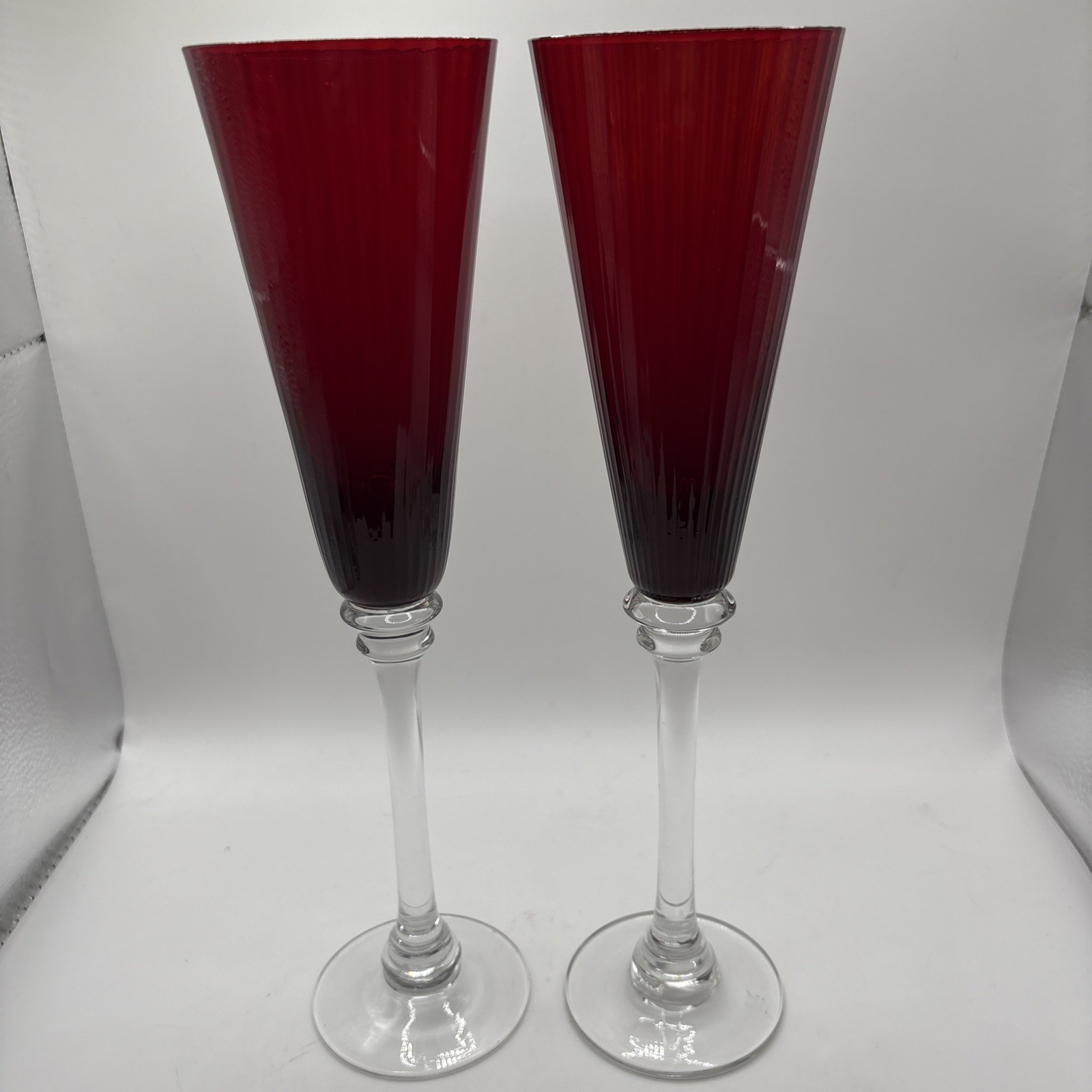 Vintage Ruby Red Crystal Glass Ribbed Champagne Flutes With Clear Stems 11.25H Vintage Ruby Red Crystal Glass Ribbed Champagne Flutes With Clear Stems 11.25H