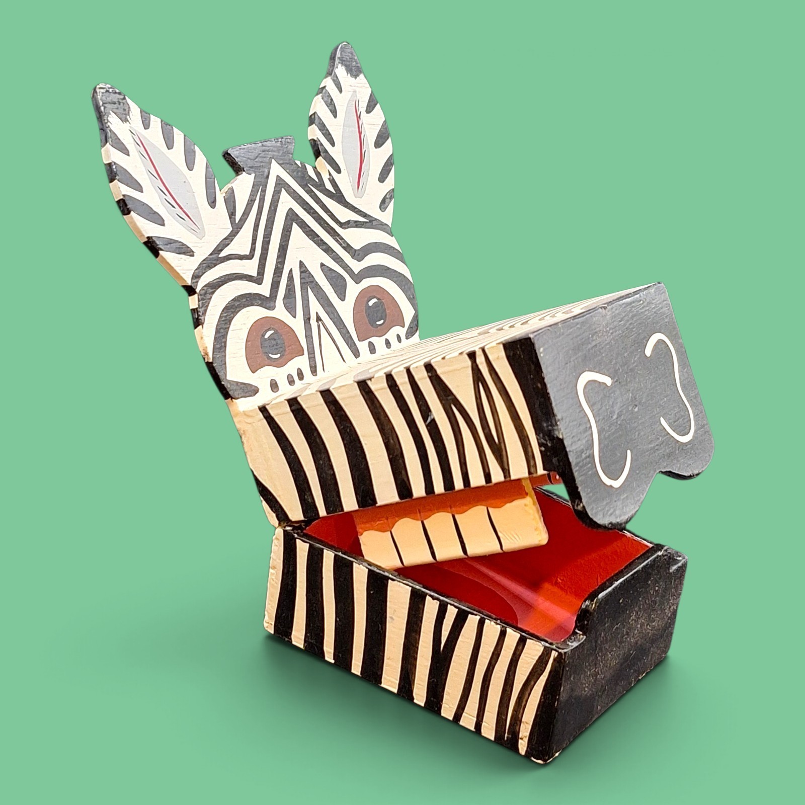 Vintage Zebra Head Wood Hand Carved Painted Trinket Jewelry Box Belgium