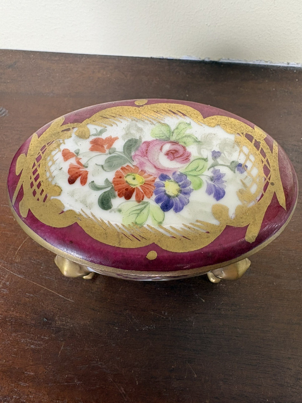 Antique Porcelain Trinket Box Hand Painted Floral DresdenGold Limoges Style Pill Antique Porcelain Trinket Box Hand Painted Floral DresdenGold Limoges Style Pill