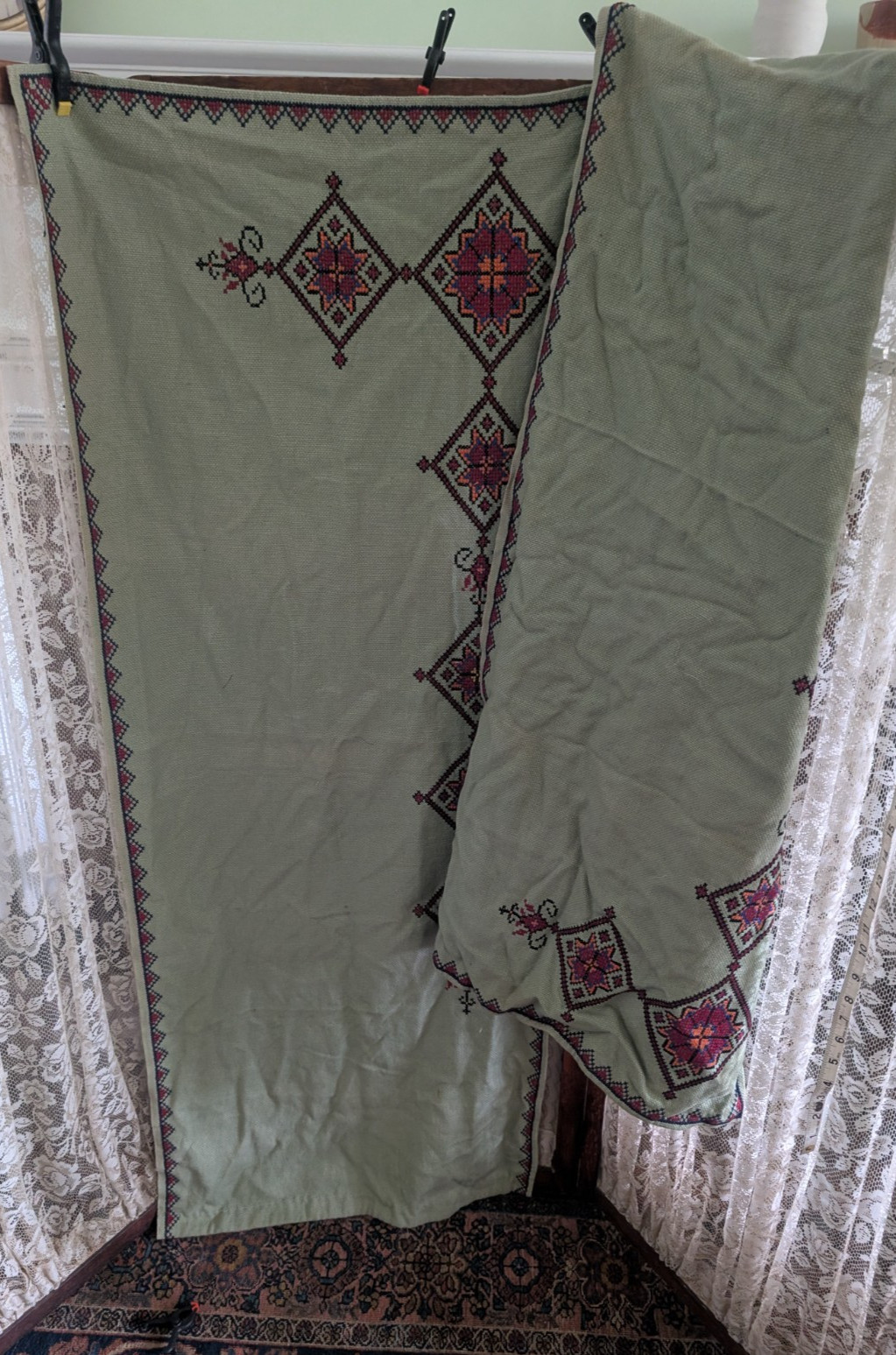 Vintage Embroidered Cross Stitch Heavy Cotton Green Ukrainian Ethnic Curtain Lot