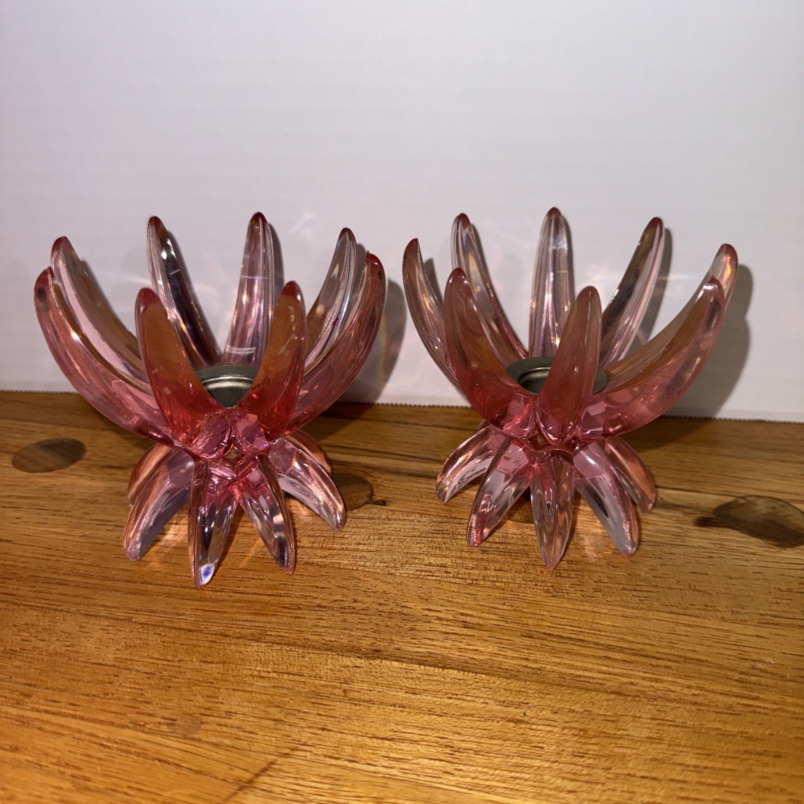 Vintage Friedel Ges Gesch Pink Lucite Candle Holders Set of 2 MCM Atomic Sputnik