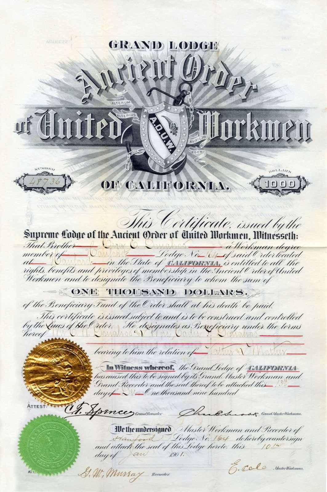 The Grand Lodge of the Ancient Order of United Workmen of California - 1901 da