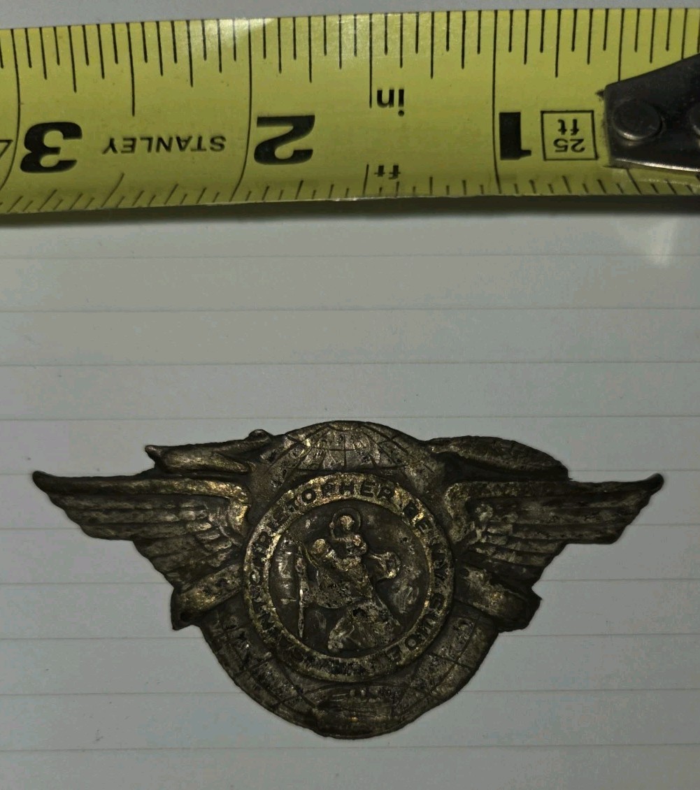 Vintage St Christopher Be My Guide Winged Auto Visor Pin Globe Travel Badge 3in Vintage St Christopher Be My Guide Winged Auto Visor Pin Globe Travel Badge 3in