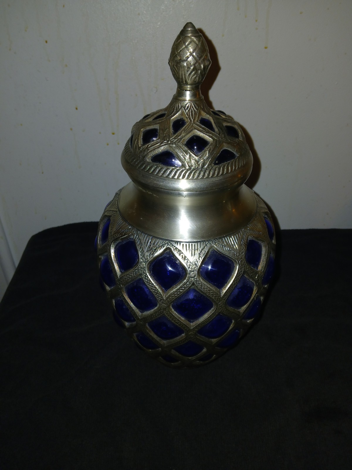Hand Blown Cobalt Bubble Glass Dome Caged Apothecary Jar & Lid 12.5”  Heavy