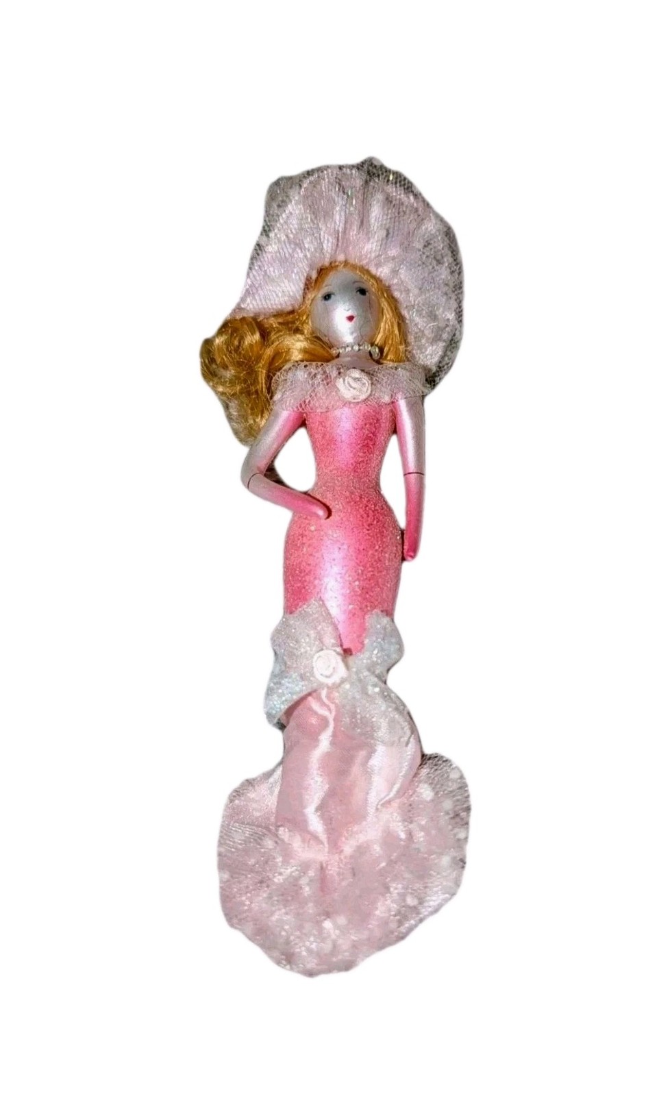 Vtg De Carlini Ornament Soffieria Pink Glass Lady Feather Hat Fashionista Xmas