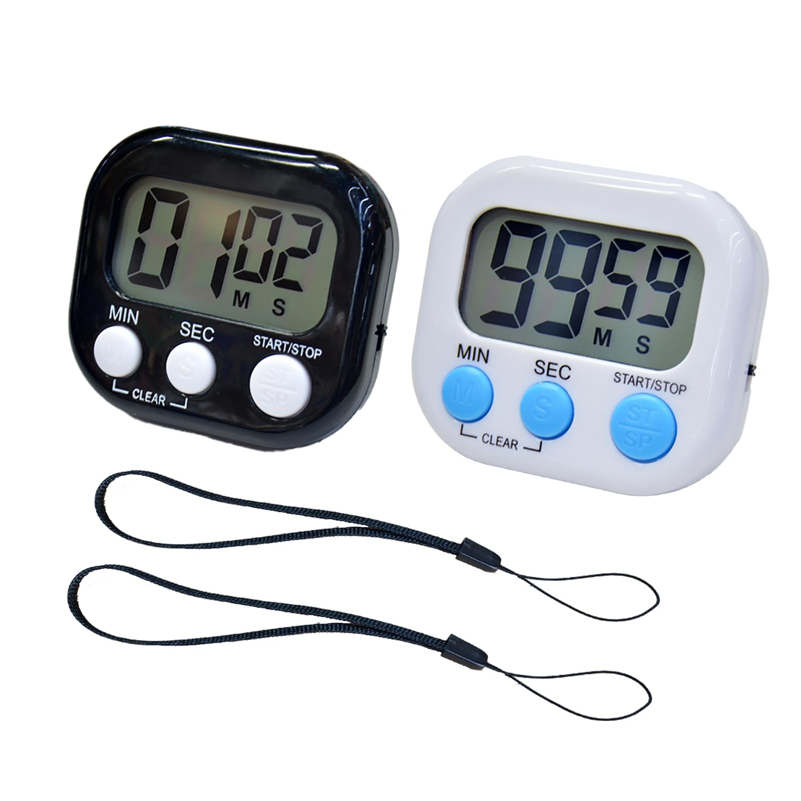 2 Pack Small Digital Kitchen Timer Magnetic Back and On/Off, Black+white