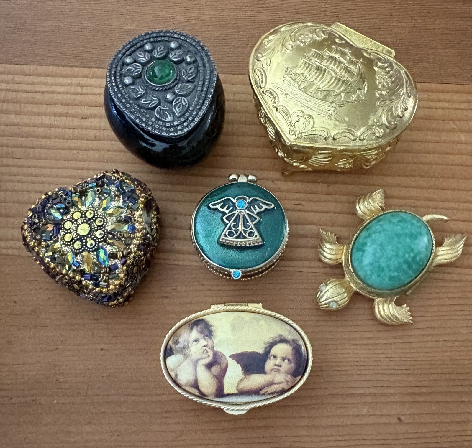 Vintage Trinket Vanity Pill Box Lot of 6. Rhinestone Enamel Glass  Cherubs...