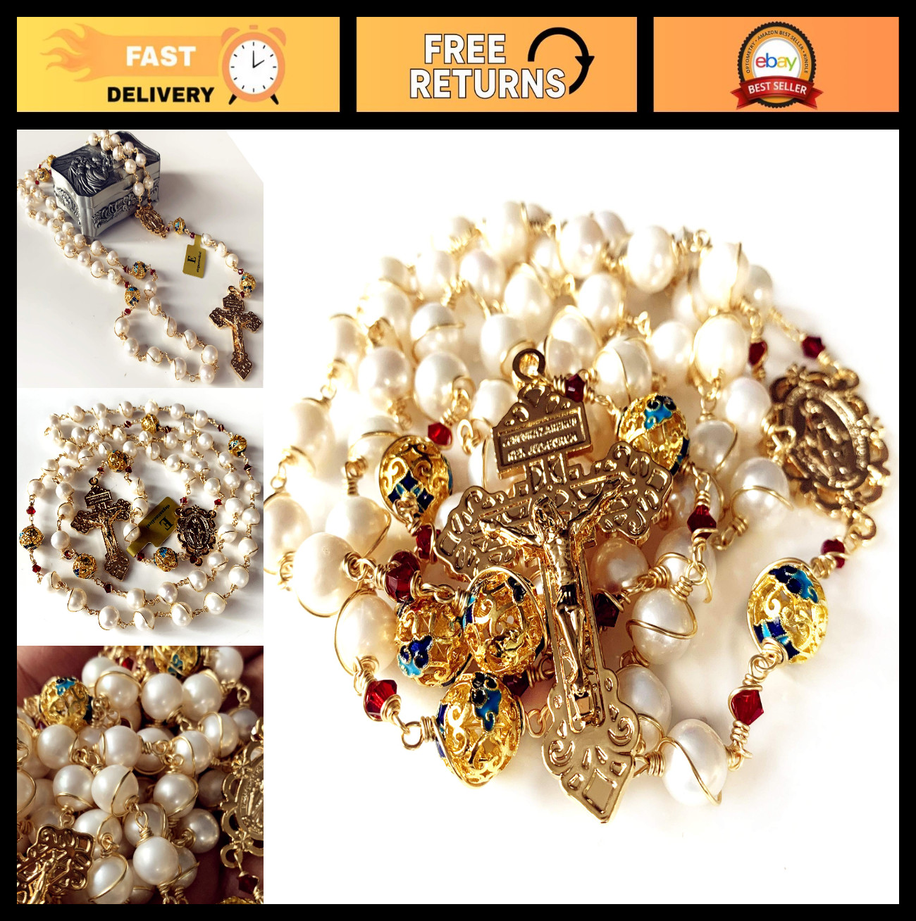 Elegant Handmade Gold Wire Wrapped Bead AAA White 10mm Real Pearl Rosary Necklac