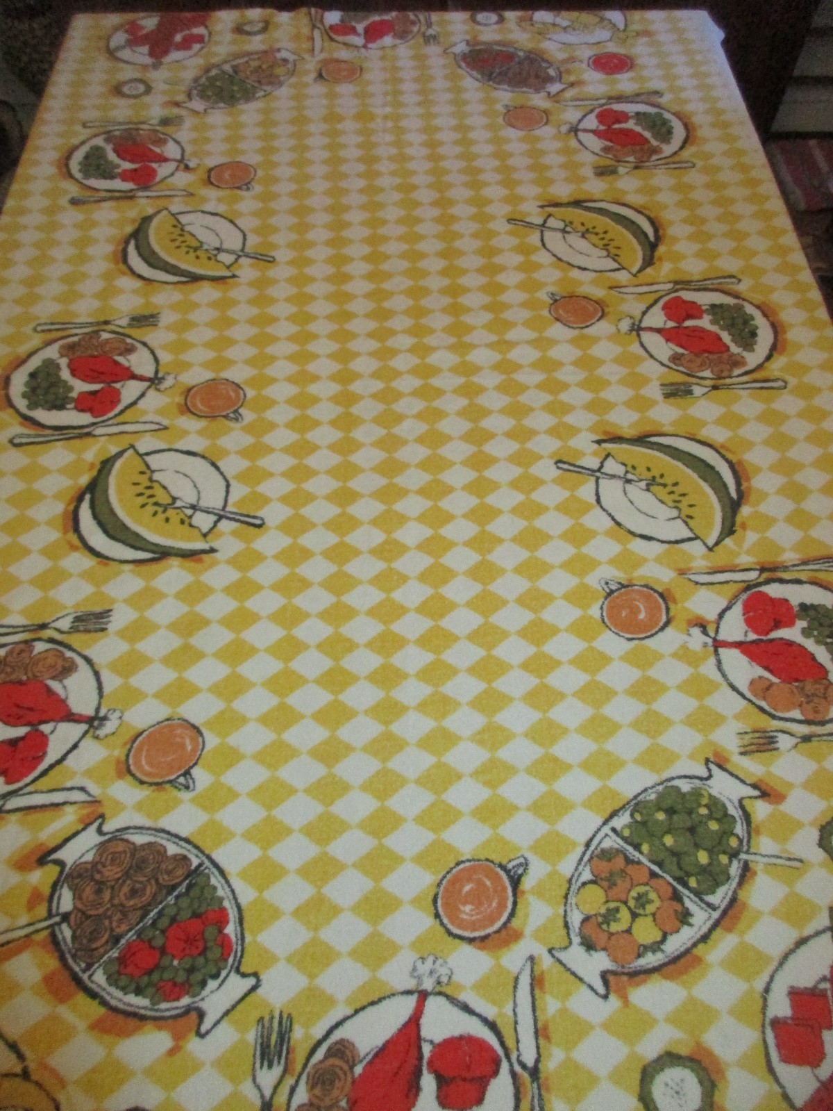 Vintage MCM Yellow & White w/Retro Food Graphics Terry Cloth Tablecloth 51x79 Vintage MCM Yellow & White w/Retro Food Graphics Terry Cloth Tablecloth 51x79