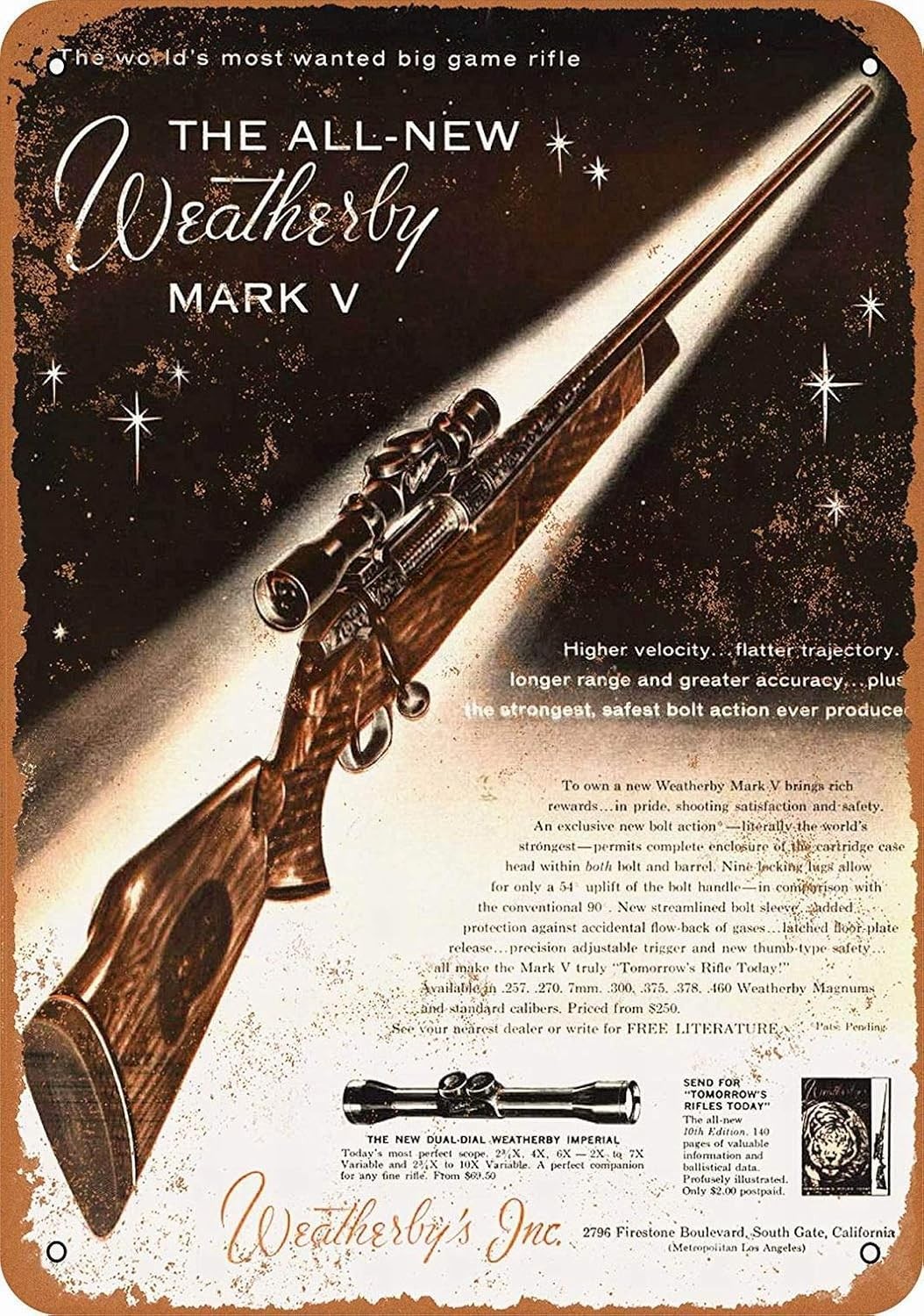 Tin Metal Sign Weatherby Mark V Rifles Vintage Decorative 8x12 