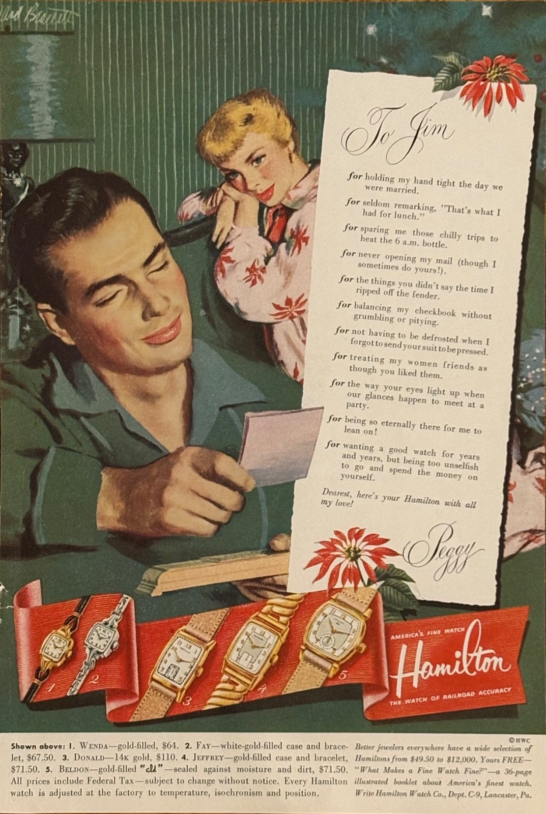 Hamilton Watches 1951 Print Ad Christmas The Watch of Railroad Accuracy “To Jim”