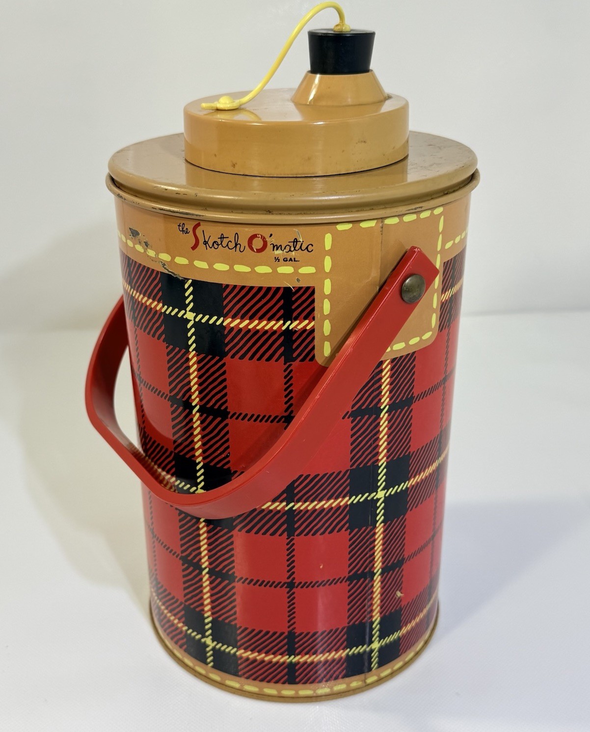 Vtg Mid Century Plaid Hamilton Skotch Jug Half Gallon Cooler Ball Glass Liner