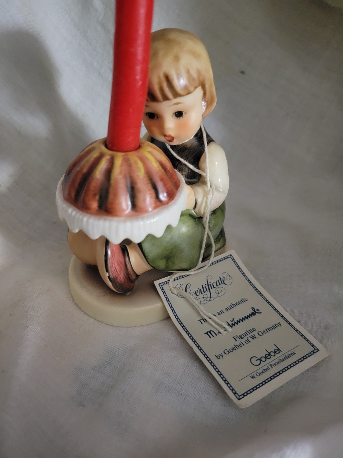 Hummel 338 “Birthday Cake” Figurine and Candle Holder TMK6, signed 1989 W Tag