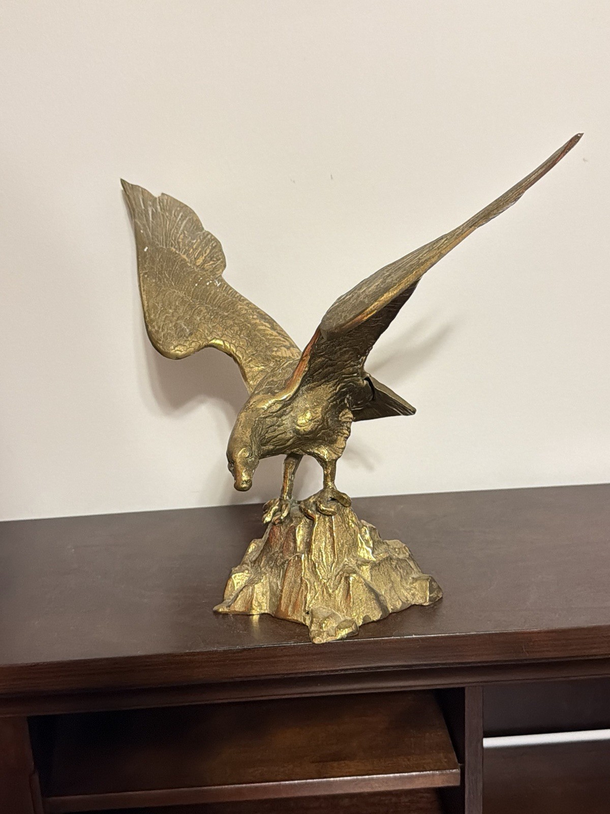 vintage mid-century brass bald eagle sculpture with outstretched wings perched