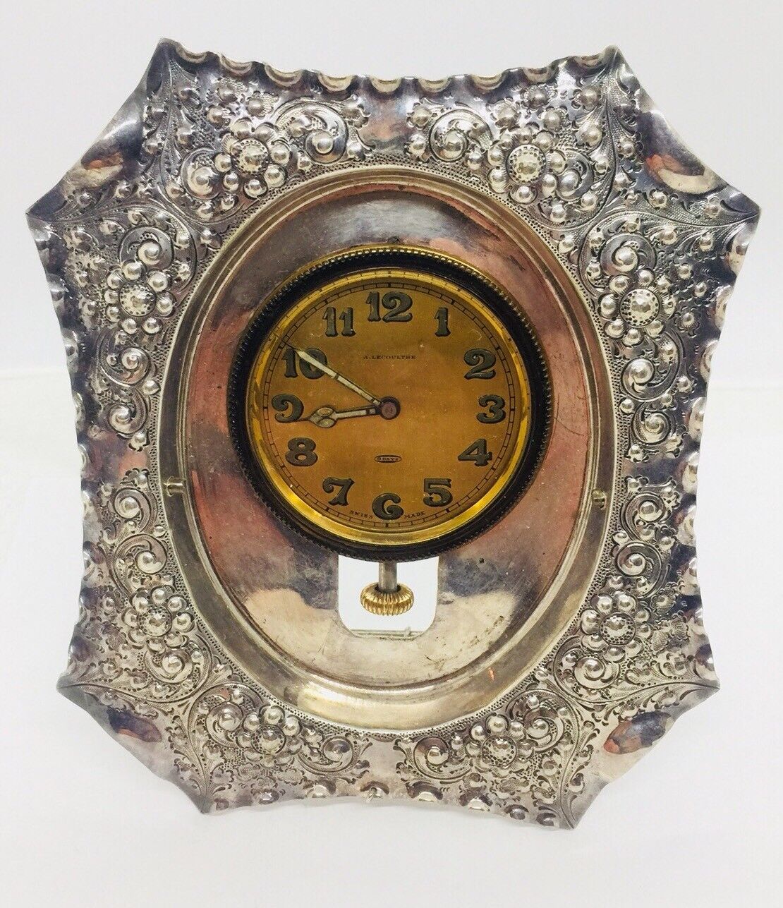 A. LeCoultre Sandoz Antique 8 Day Car Clock In Silverplated Frame
