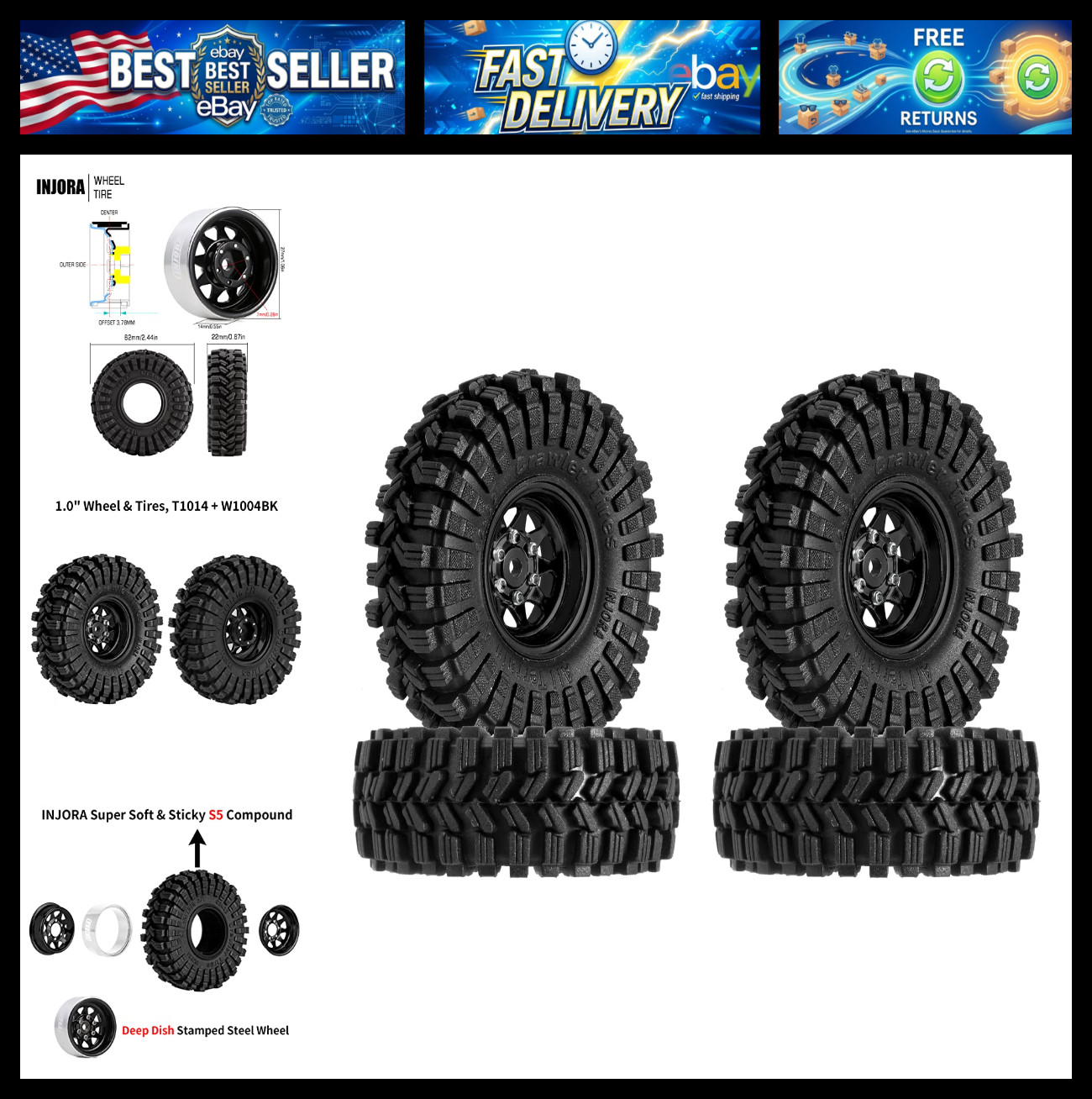 INJORA 1.0 Beadlock Wheel Tires Set -3.78mm Offset Wheel Rims for 1/18 1/24 RC C