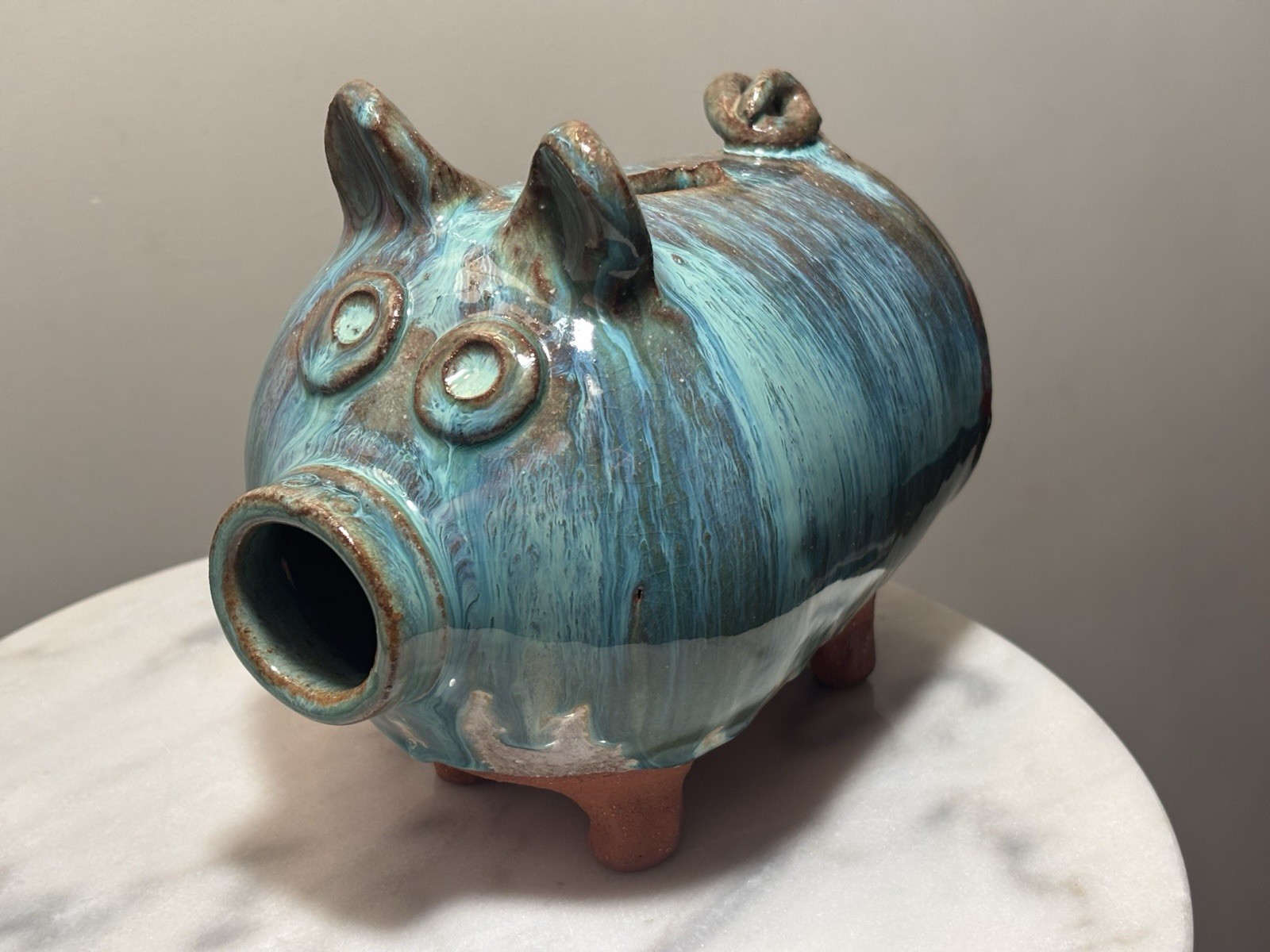 Vintage Studio Art Pottery Piggy Bank Blue Drip Glaze Signed Folk Art Ceramic⁠