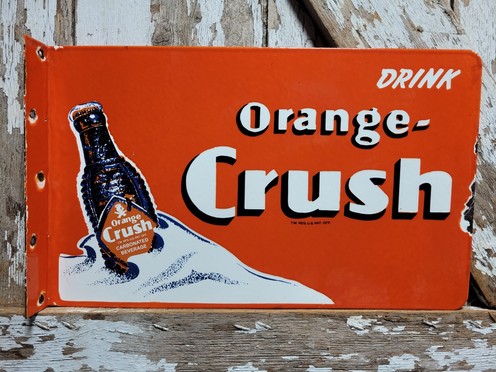 VINTAGE ORANGE CRUSH PORCELAIN SIGN OLD SODA FLANGE COLA BEVERAGE DRINK FOOD 20