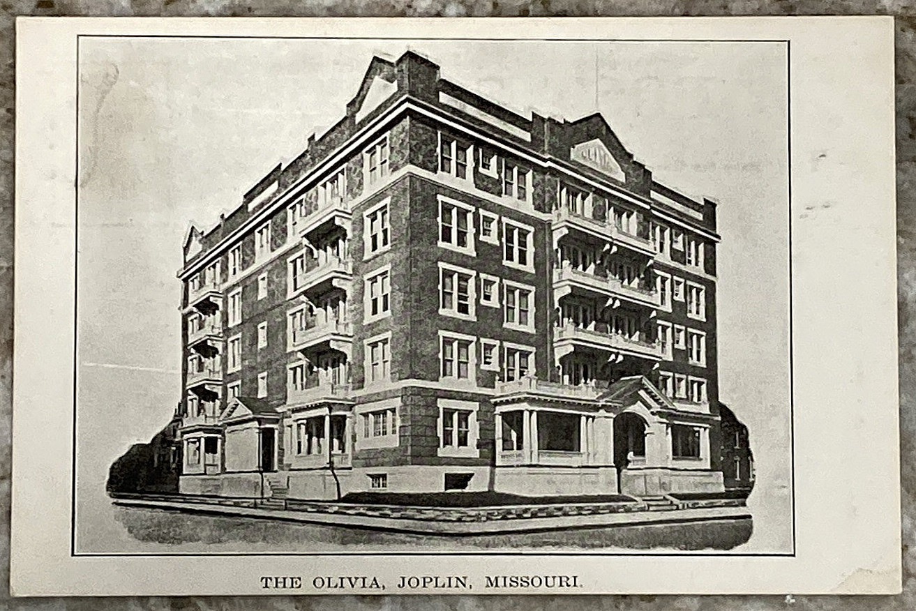 The Olivia Apartment Building Joplin Missouri L.E. Lindsay B&W DB Postcard B665