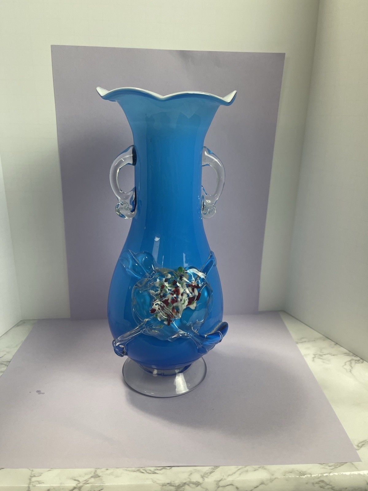 Vintage Handmade Floral Blue Red Glass Pontil Mark Flower Vase Decorative
