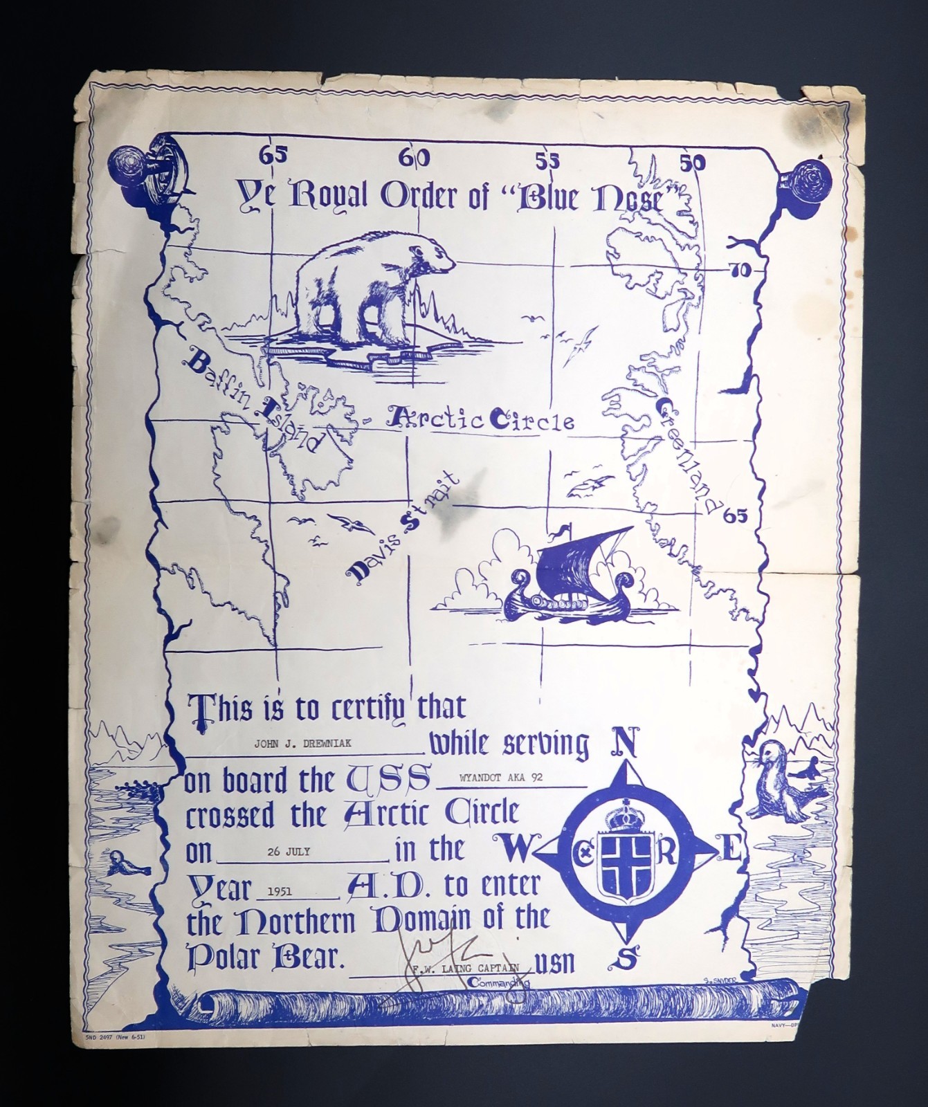 Vtg Royal Order of Blue Nose USS Wyandot 1951 F.W Laing Captain Artic Circle Vtg Royal Order of Blue Nose USS Wyandot 1951 F.W Laing Captain Artic Circle