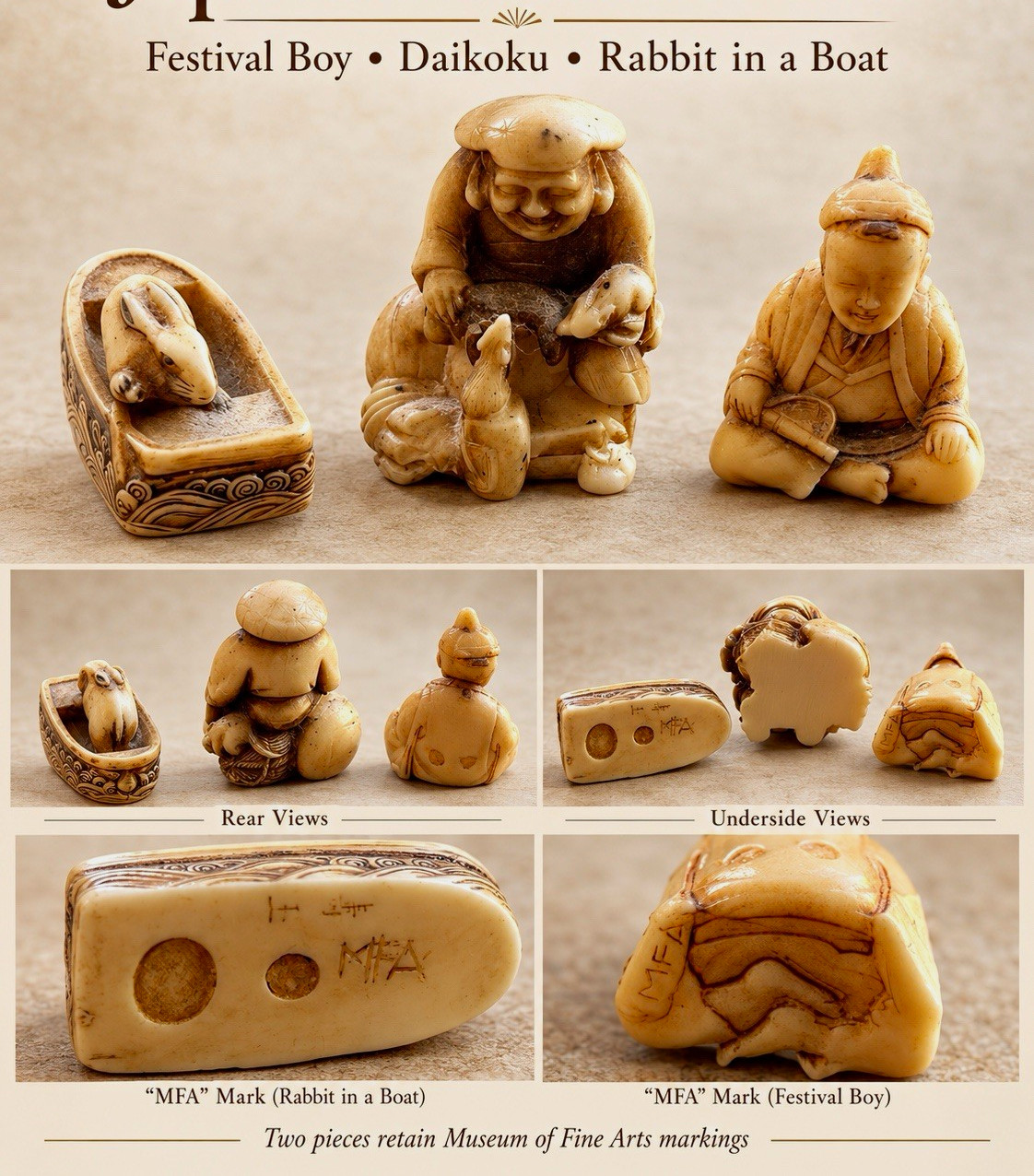 1980s Vintage Japanese Netsuke Trio – Festival Boy, Daikoku & Rabbit in a Boat 