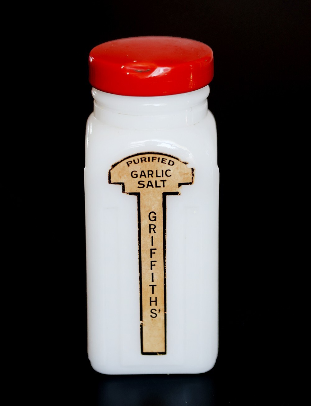 Griffith\'s Purified Garlic Salt Spice Jar Bottle w/ Red Lid Milk Glass Vintage Griffith\'s Purified Garlic Salt Spice Jar Bottle w/ Red Lid Milk Glass Vintage