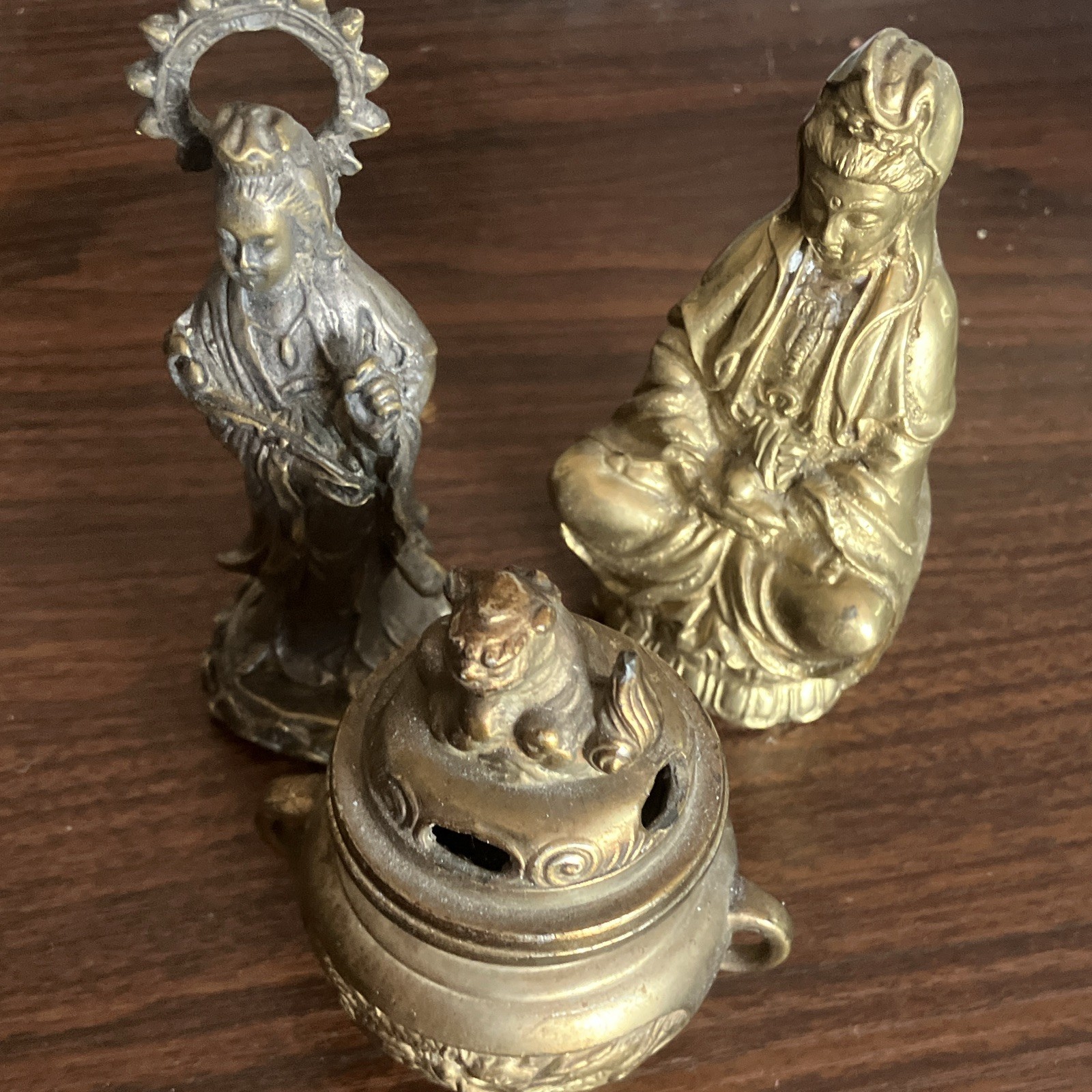 2 Chinese Brass Quan Yin Statues w 1 Foo Dog Footed Brass Incense Burner LOT 3