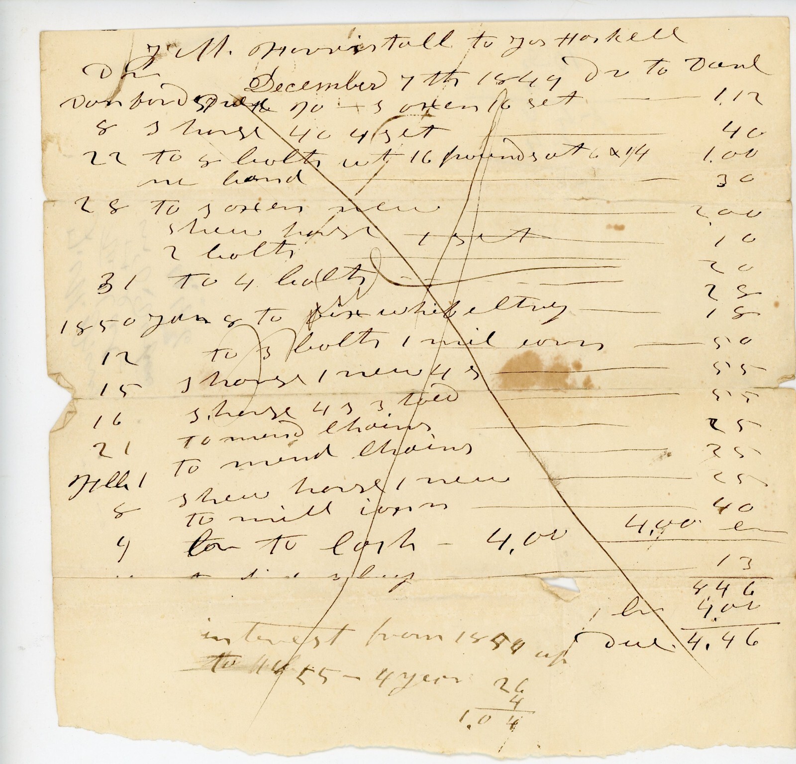 1849 Handwritten Account ledger to J Haskell Troy New Hampshire NH Harristall ? 1849 Handwritten Account ledger to J Haskell Troy New Hampshire NH Harristall ?
