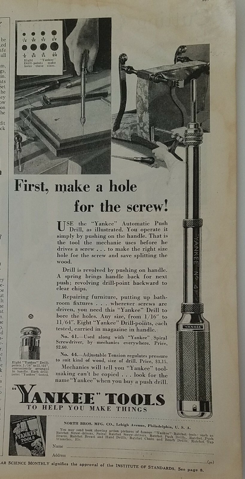 1931 Yankee Tools No. 41 automatic push drill vintage tool ad