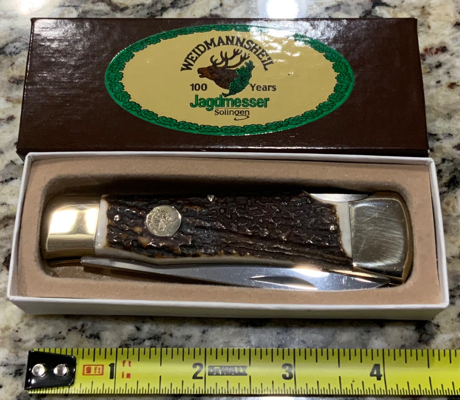 Vintage Weidmannsheil Stag Handle Single Blade Lock Back Knife Boars Head Shield