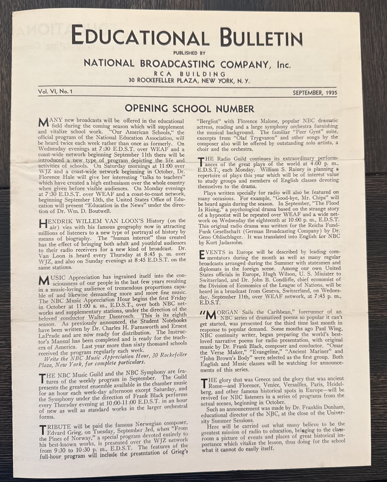 1935 National Broadcasting Company Educational Bulletin Rockefeller Plaza NY 1935 National Broadcasting Company Educational Bulletin Rockefeller Plaza NY