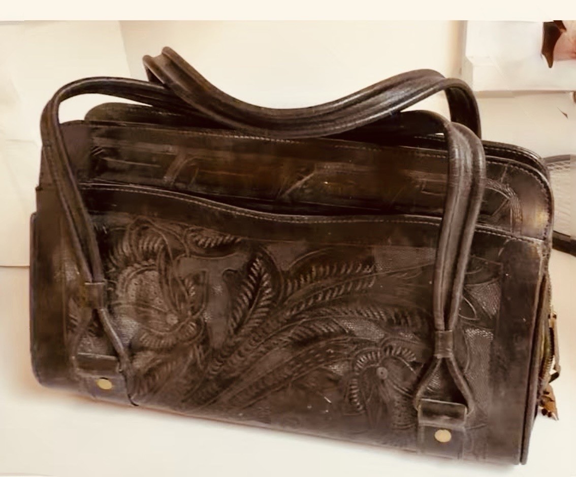 Vintage Mexican Black Hand Tooled Leather Handbag Western Floral Satchel Purse