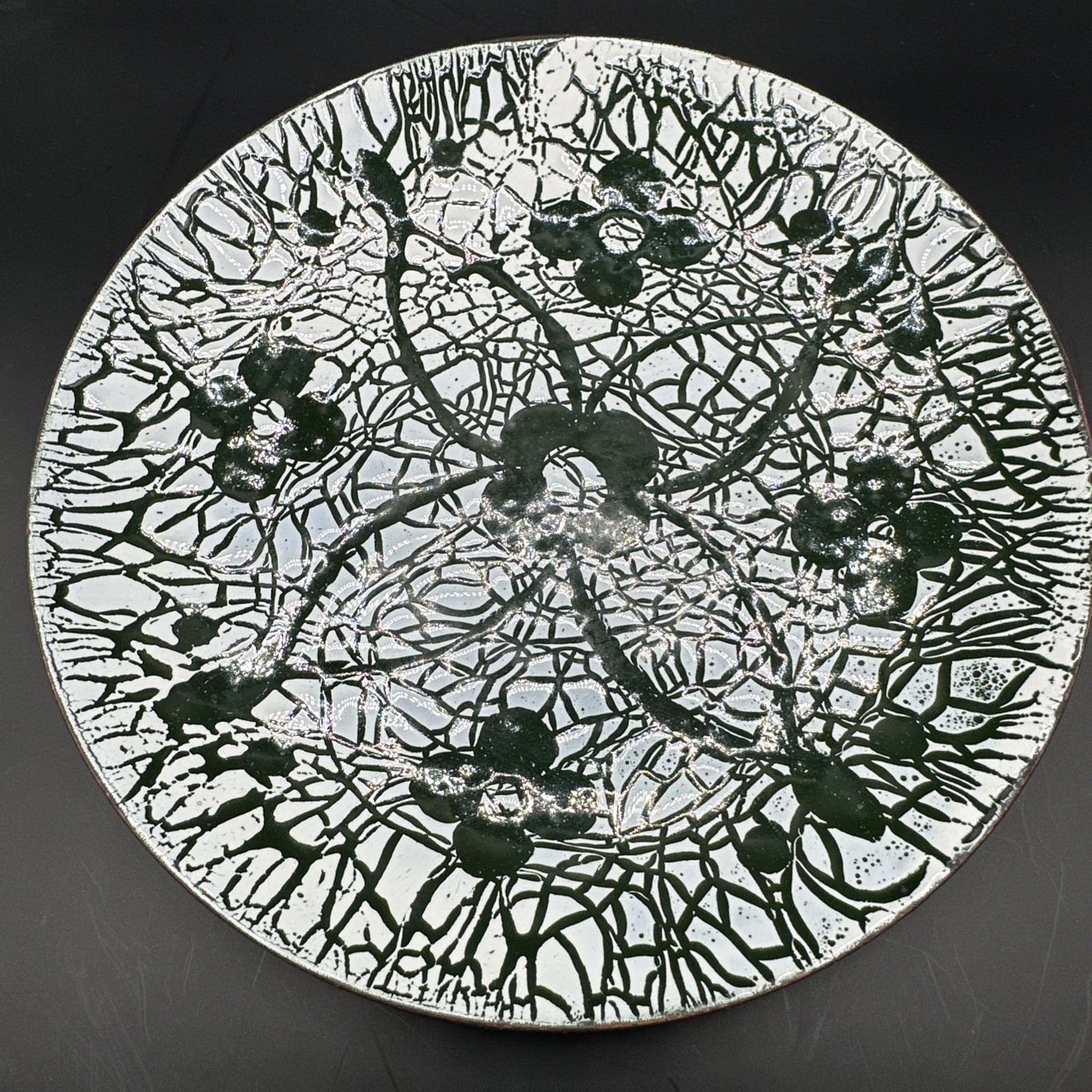 Vintage Enamel on Copper Floral Plate Modern Art Green White Geometric Art 5.75” Vintage Enamel on Copper Floral Plate Modern Art Green White Geometric Art 5.75”