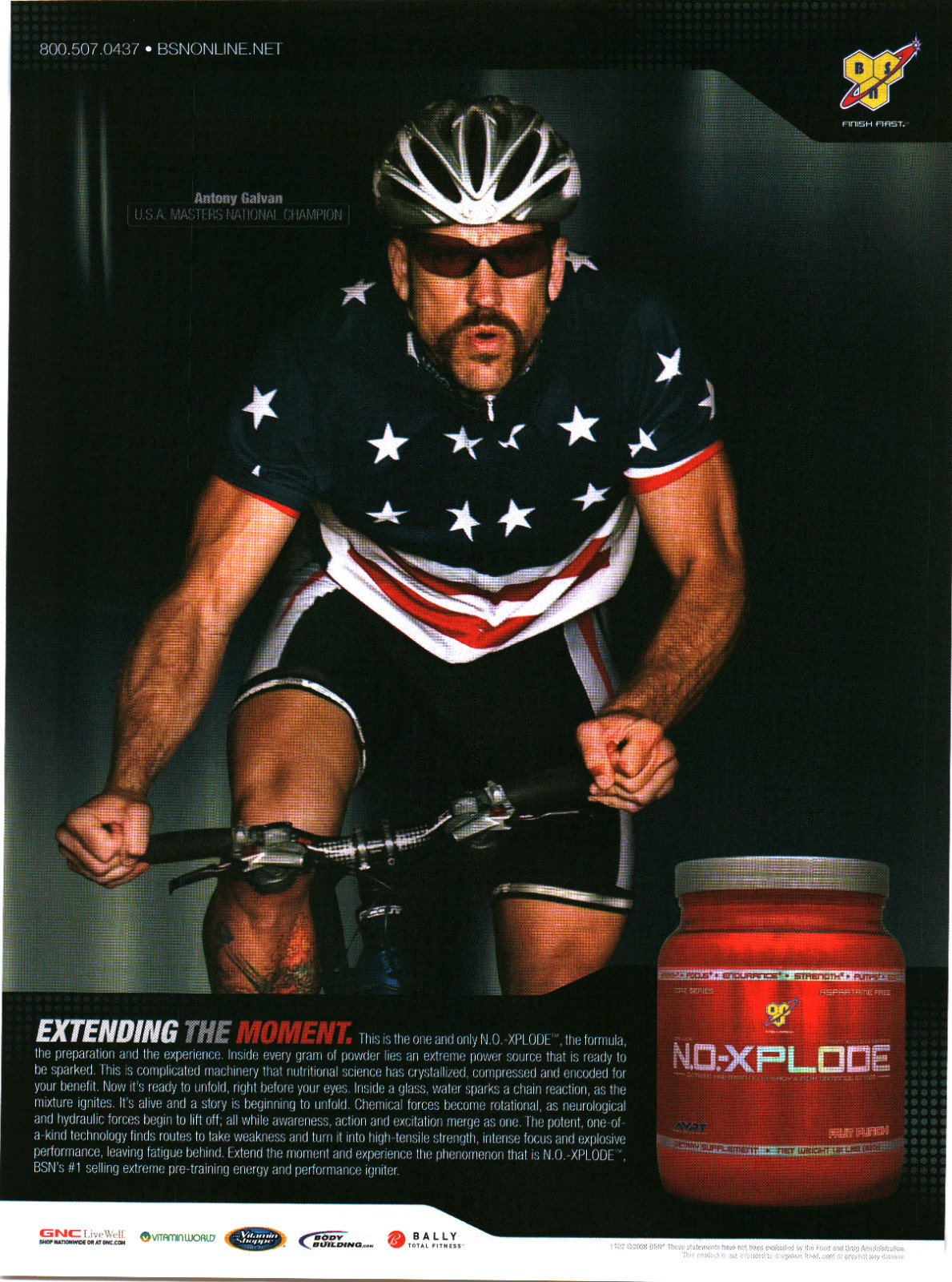 BSN N.O.-XPLODE 2008 Print Ad Art Antony Galvan USA Cycling GNC Vitamin Shoppe BSN N.O.-XPLODE 2008 Print Ad Art Antony Galvan USA Cycling GNC Vitamin Shoppe