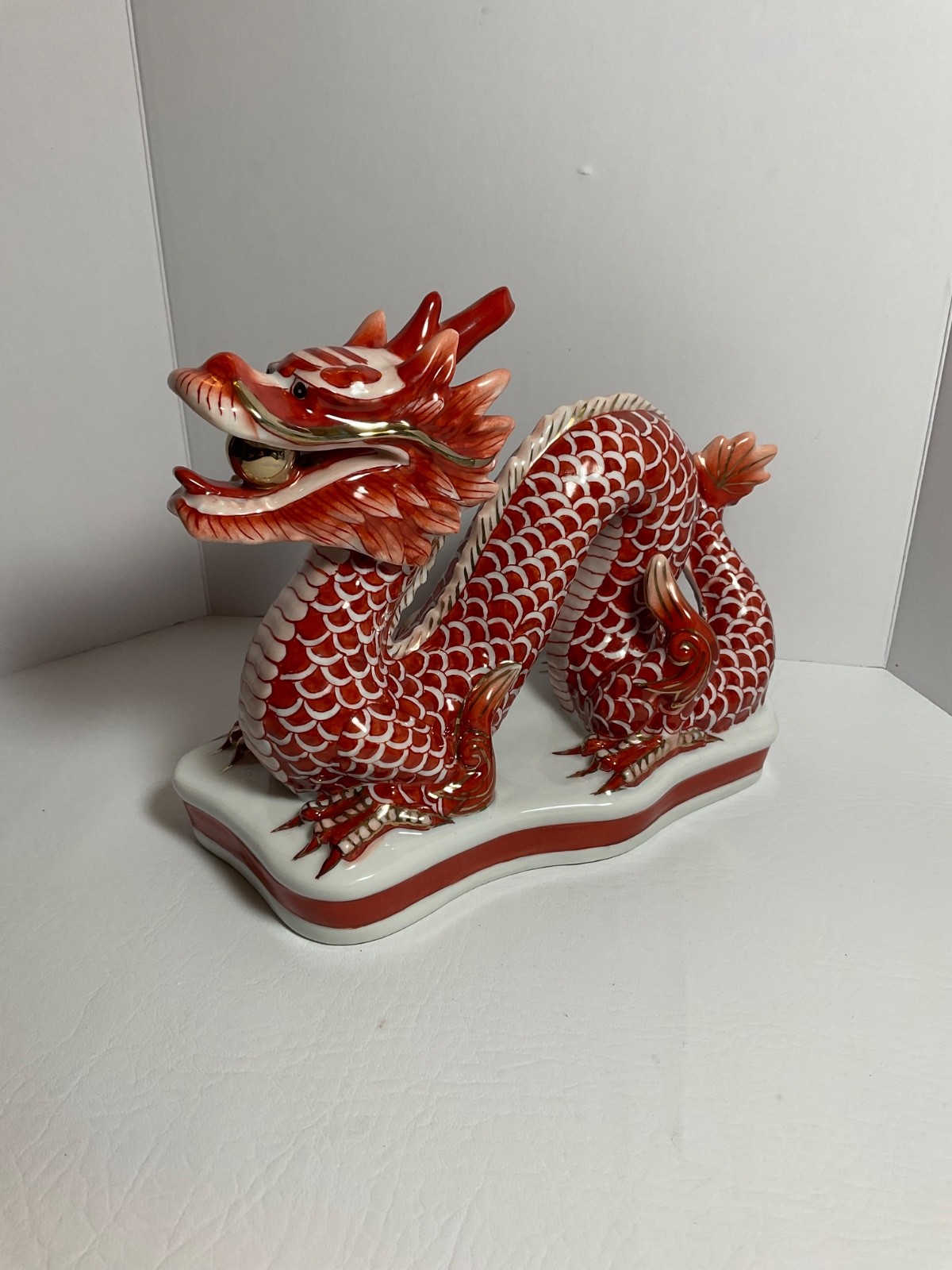 Gumps SF Porcelain Dragon Figurine Red Gold Ball In Mouth 8 x 7 x 4 MINT