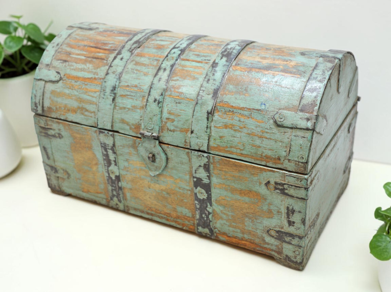 Vintage Wooden Half Round Storage Box Original Old Hand Crafted Rustic Green