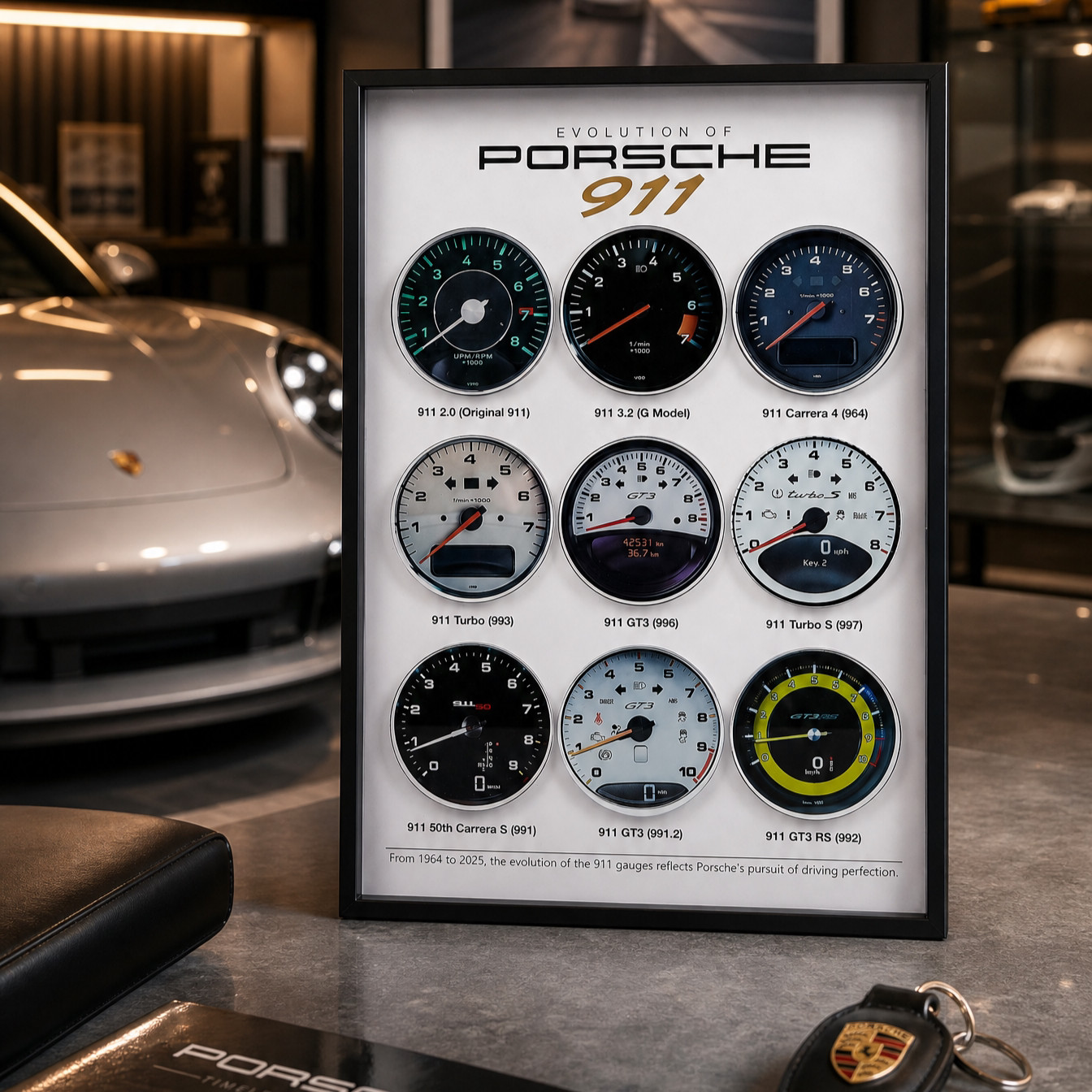Porsche 911 Evolution Gauge Display Frame A4 Wall Art Car Enthusiast Gift Decor