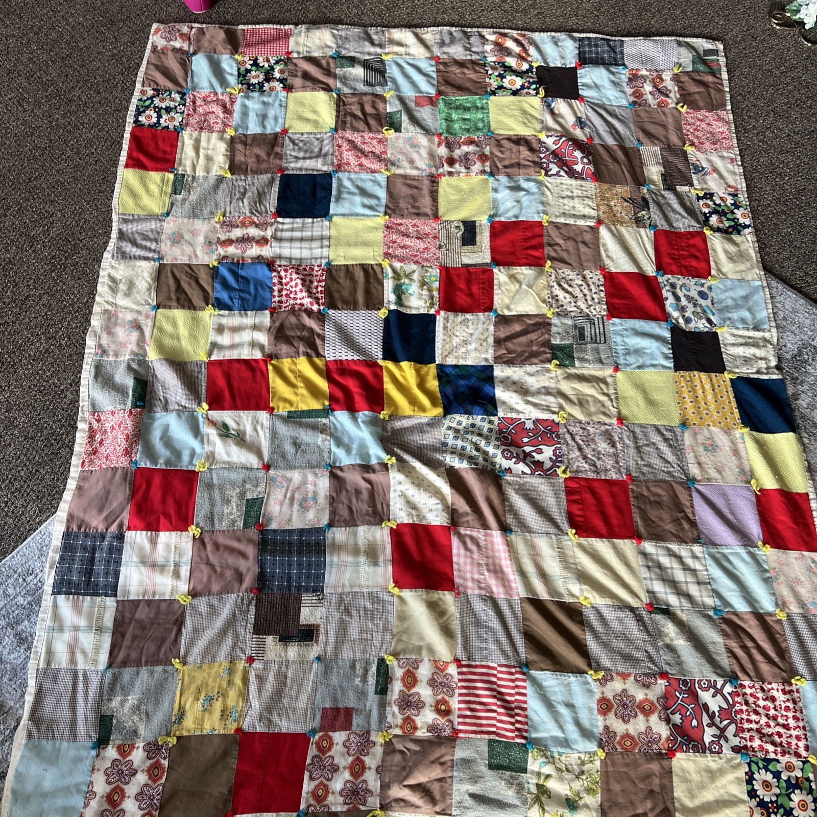 Vintage 1970s Crazy Quilt 58x75 Hand Tied Patchwork Dixie Lily Feed Sack Back