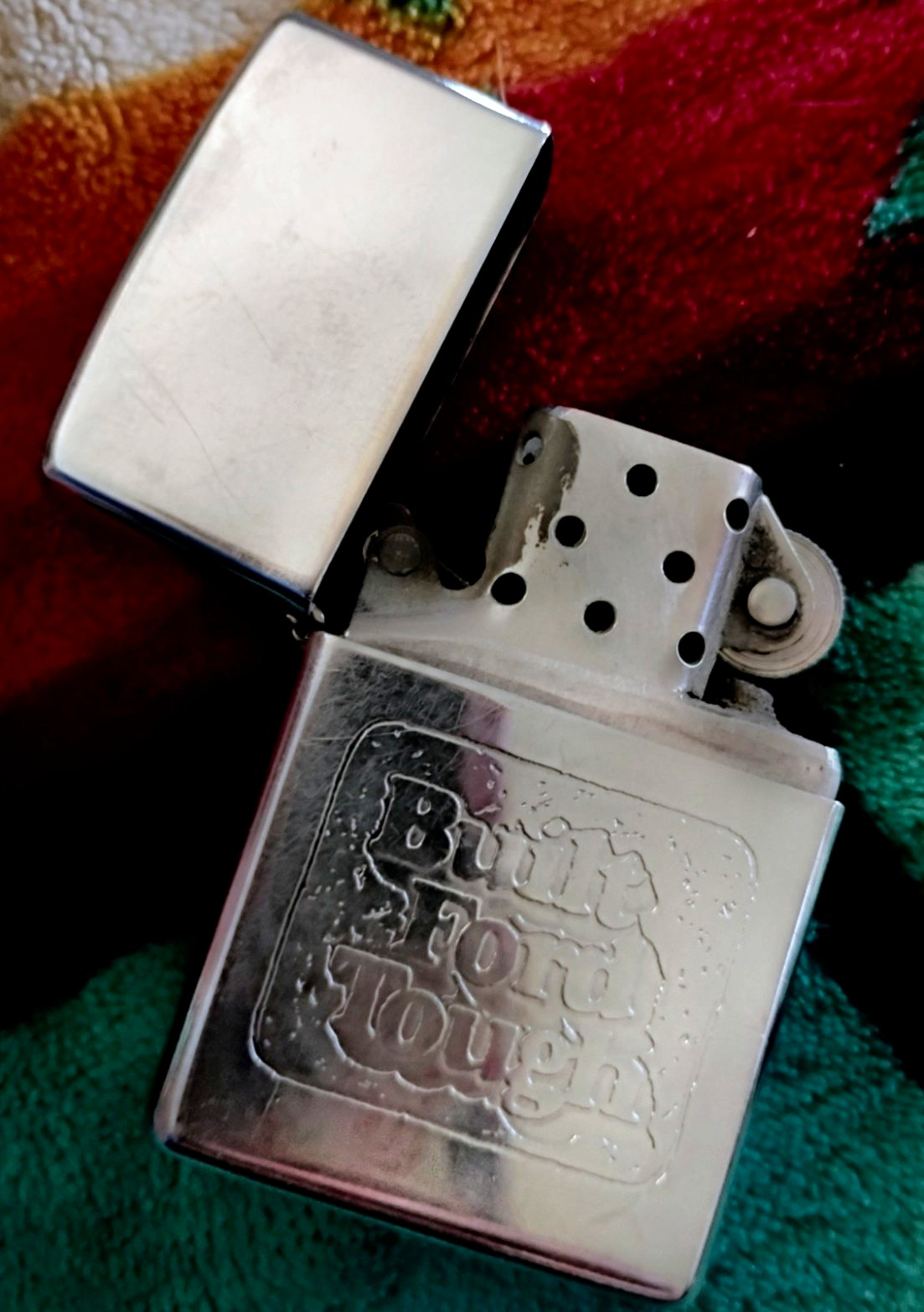 Vintage Zippo Lighter Built Ford Tough High Polish Chrome - Needs Wick & Flint