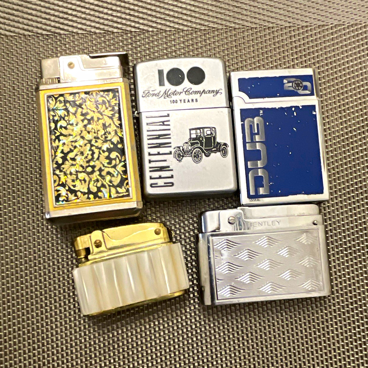 Vintage Collectible Cigarette Lighters Lot of 5 Silver Blue Pocket Lighters