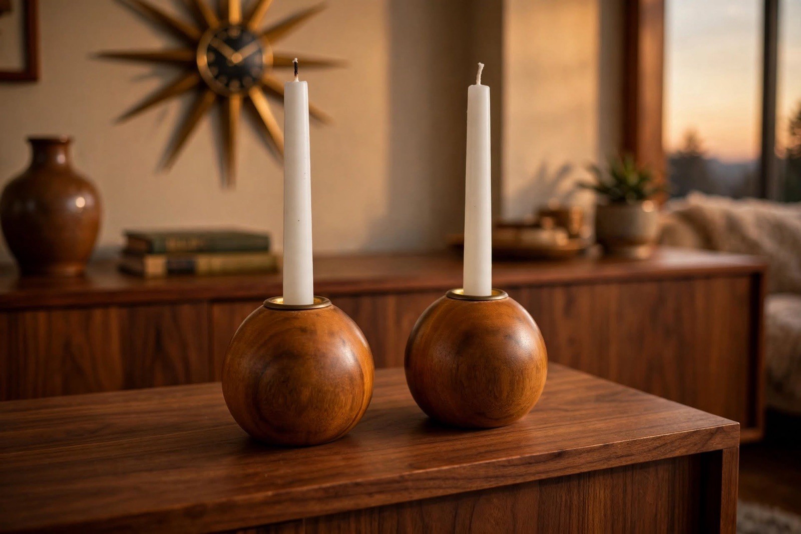 Vtg Oregon Myrtlewood Ball Taper Candle Holders Geo R Evans Marshfield MCM