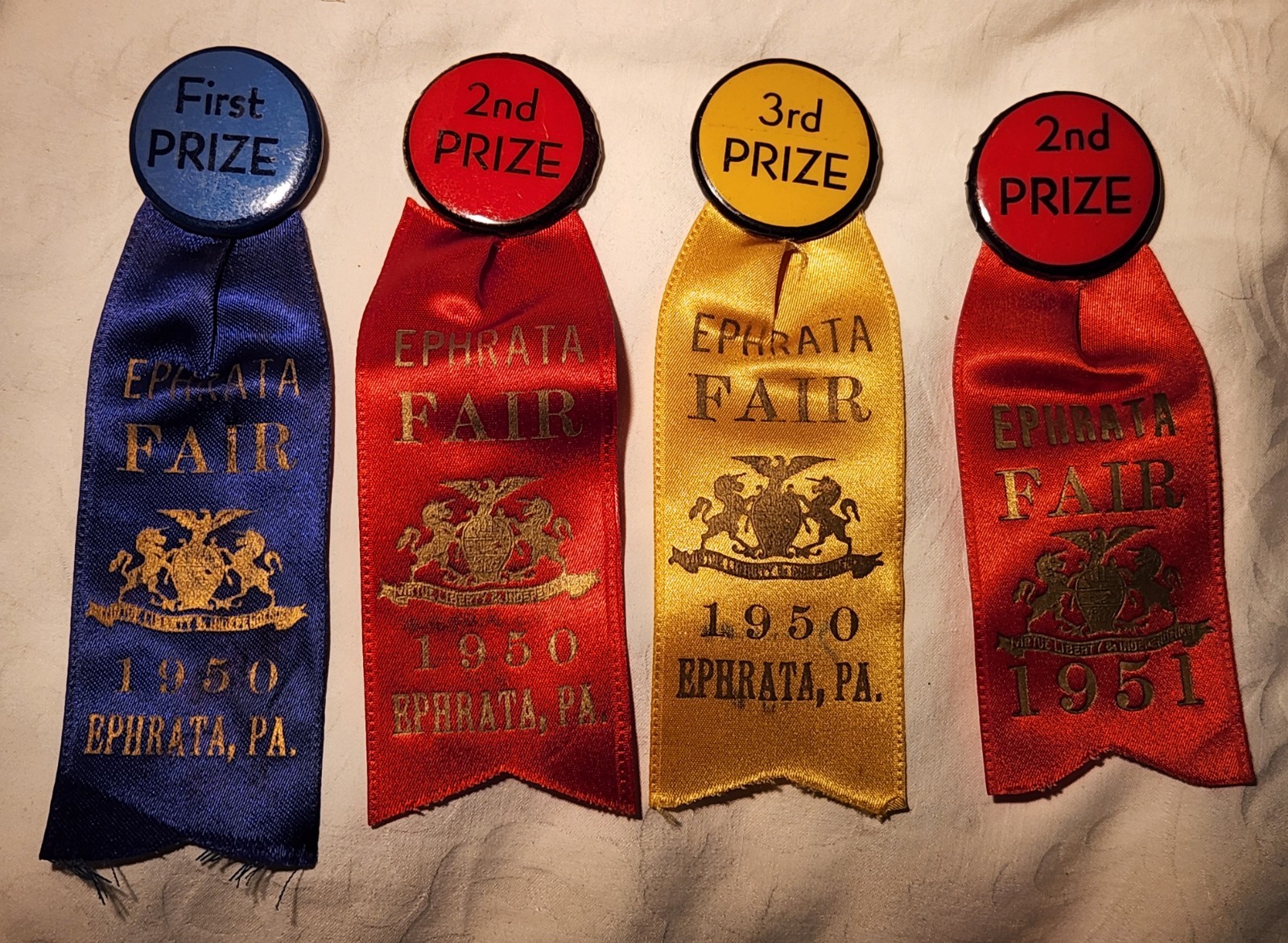 4 VINTAGE EPHRATA PA FAIR RIBBONS PINS 1950 1951 LANCASTER COUNTY PINBACK FARM 4 VINTAGE EPHRATA PA FAIR RIBBONS PINS 1950 1951 LANCASTER COUNTY PINBACK FARM