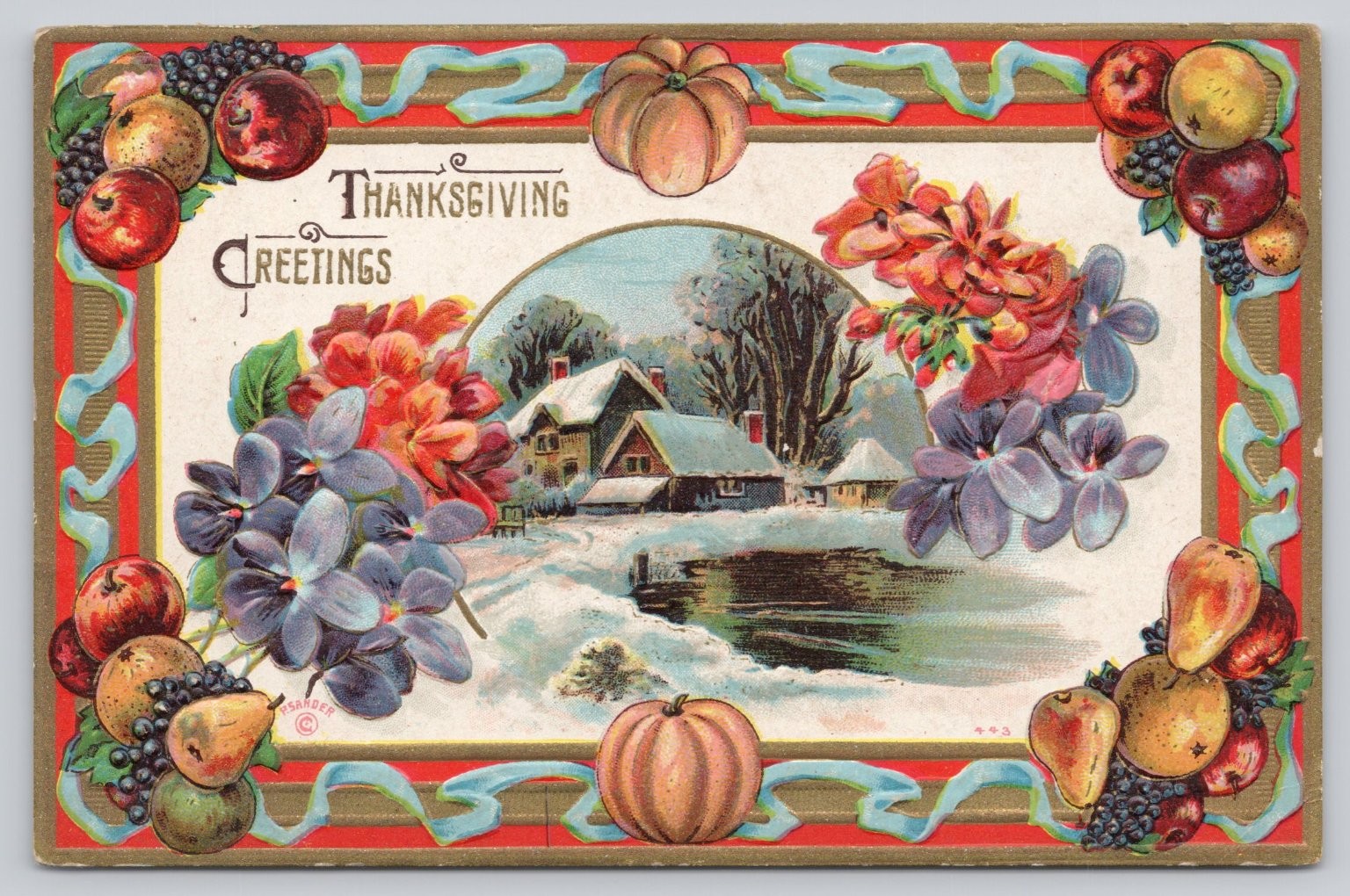 Vintage Thanksgiving Embossed Postcard Winter Scene Fruit Flowers Schoenberg Vintage Thanksgiving Embossed Postcard Winter Scene Fruit Flowers Schoenberg