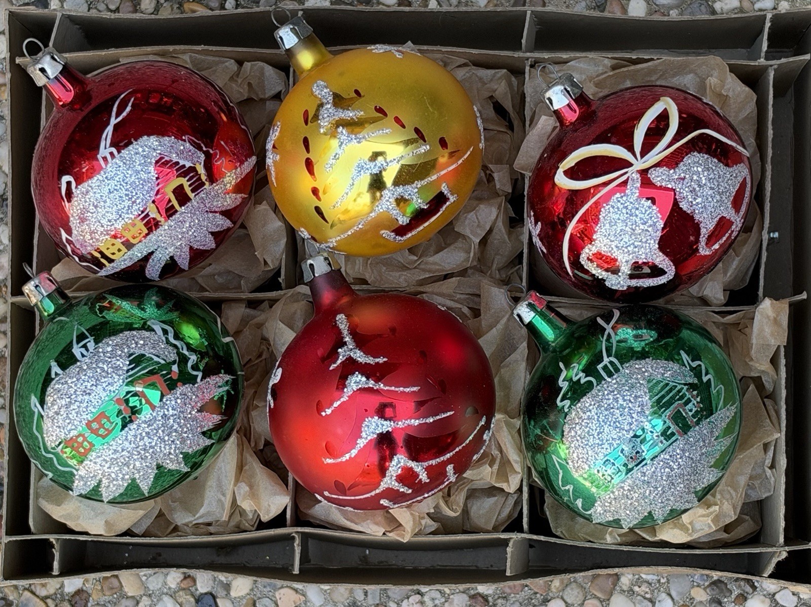 Vintage Poland Green Red Gold Tree House Bell Stencil Glass Ornaments Vintage Poland Green Red Gold Tree House Bell Stencil Glass Ornaments