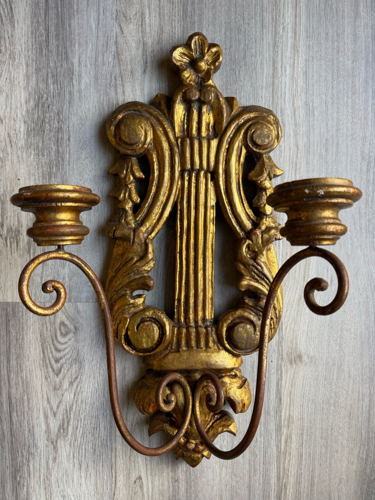 Vintage Palladio Italian Gilt Wood Lyre Wall Sconce 2 Arm Candle Holder