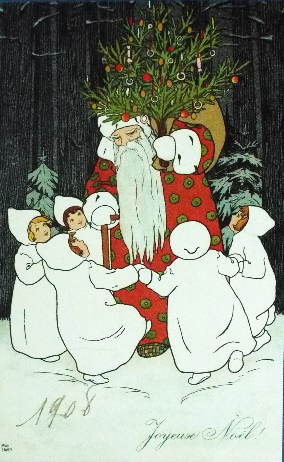 SUPERB Signed Pauli Ebner 1908 Santa Claus snow children dance Vienna Austria SUPERB Signed Pauli Ebner 1908 Santa Claus snow children dance Vienna Austria